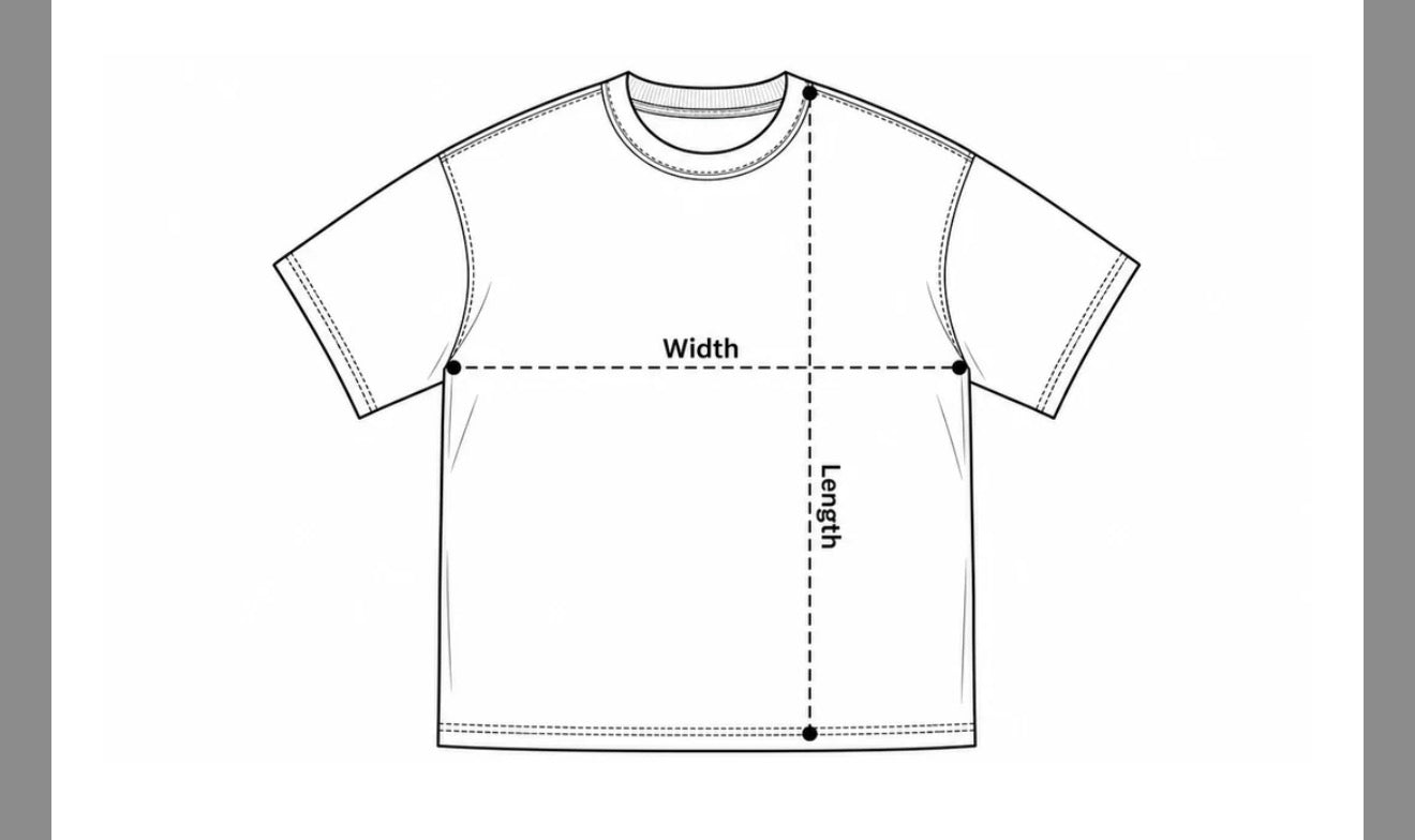 Black-and-white tee diagram showing chest width across the body and body length from shoulder to hem.