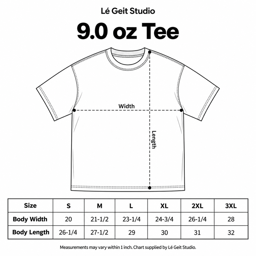 Tee diagram showing body length and chest width.