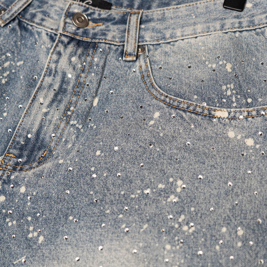 Denim Shorts - "Painter Splatter/Rhinestones" - Light Blue - 13.5 oz - Men's