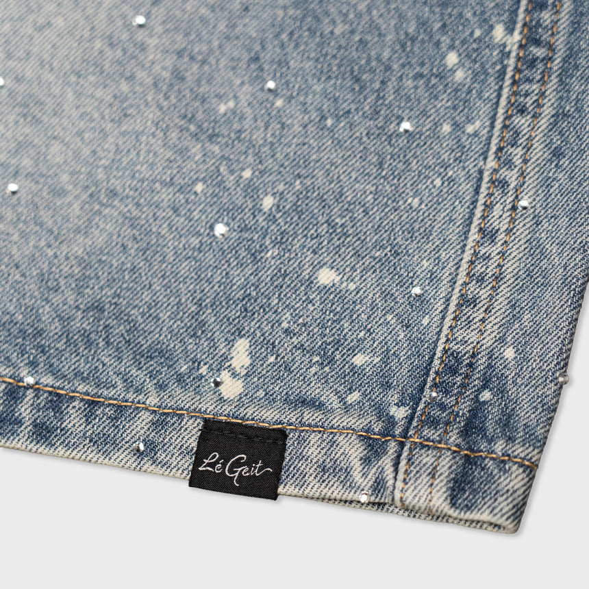 Denim Shorts - "Painter Splatter/Rhinestones" - Light Blue - 13.5 oz - Men's