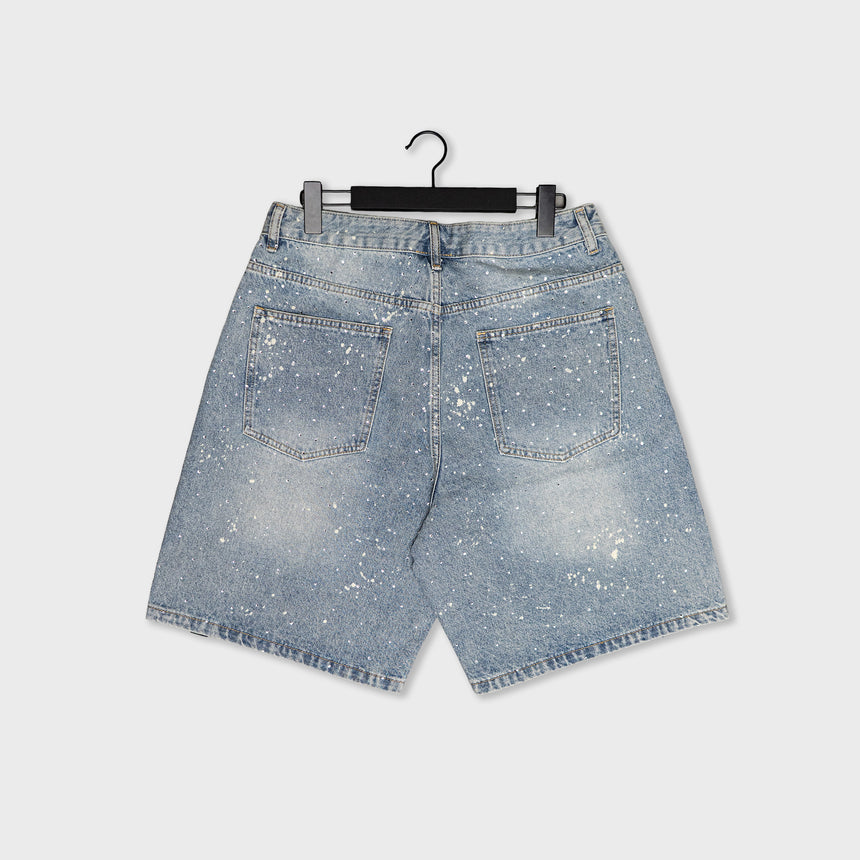 Denim Shorts - "Painter Splatter/Rhinestones" - Light Blue - 13.5 oz - Men's