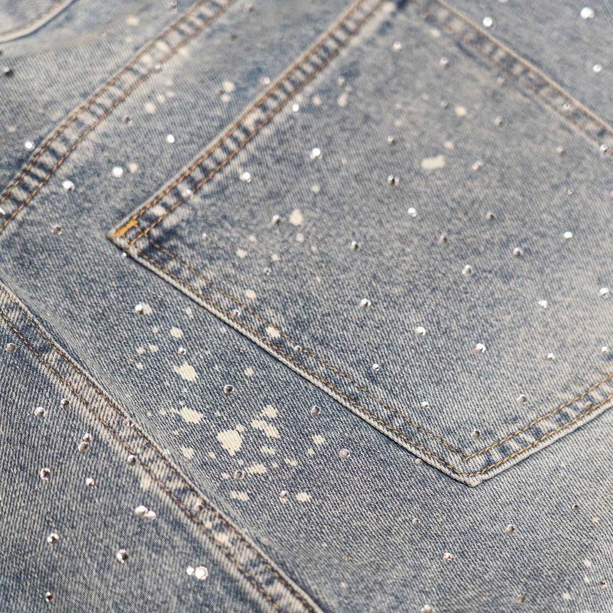 Denim Shorts - "Painter Splatter/Rhinestones" - Light Blue - 13.5 oz - Men's